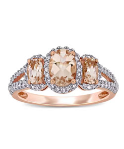 1.10 ct. t.w. Morganite and .34 ct. t.w. Diamond Three-Stone Ring in 14kt Rose Gold