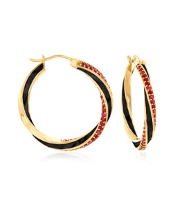 3.00 ct. t.w. Ruby and Black Enamel Hoop Earrings in 18kt Gold Over Sterling