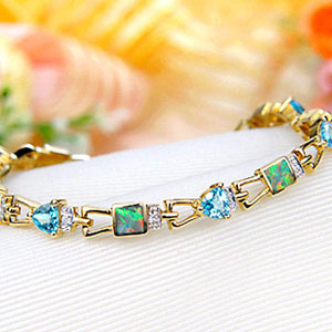 14k Yellow Gold Swiss Blue Topaz Rainbow Fire Australian Black Opal Doublet Diamond Bracelet