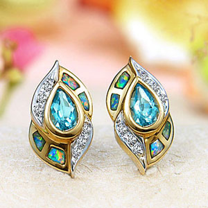 14k Yellow Gold Swiss Blue Topaz Diamond Rainbow Fire Australian Black Opal Inlays Stud Earrings