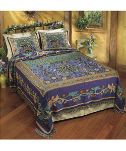 Tapestry woven bedspread with fringe edges