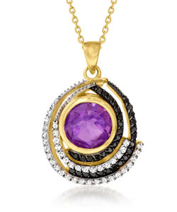 2.90ct Amethyst Pendant Necklace, .70ct t.w. Black Spinel, White Zircon Over Sterling