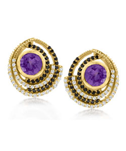 3.10 ct. t.w. Amethyst Earrings with .90 ct. t.w. White Zircon and .70 ct. t.w. Black Spinel in 18kt Gold Over Sterling