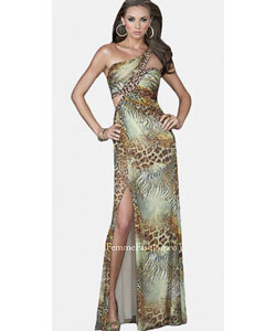 La Femme Animal Print Pleated Evening Gown