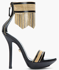 Black & Gold Leather Fringed Ankle-Strap Sandal