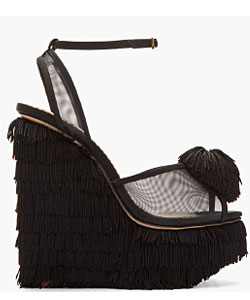 Black Crepe De Chine Fringed Gigi Wedges