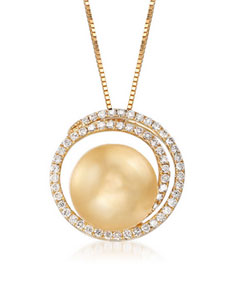 12-13mm Cultured Golden South Sea Pearl and .48 ct. t.w. Diamond Swirl Pendant Necklace in 18kt Yellow Gold