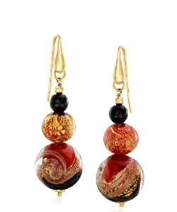 Italian Red, Black and Gold Murano Glass Drop Earrings in 18kt Gold Over Sterling