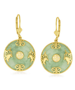 Jade "Good Fortune" Butterfly Drop Earrings in 18kt Gold Over Sterling
