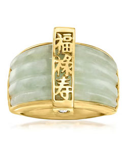 Jade "Fortune, Prosperity, Longevity" Ring with 18kt Gold Over Sterling