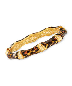 Italian Leopard-Print Enamel Bamboo-Style Bangle Bracelet in 18kt Gold Over Sterling