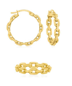 18kt Gold Over Sterling Jewelry Set: Paper Clip Link Hoop Earrings and Ring