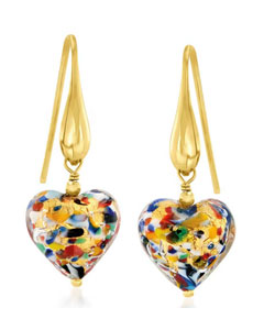 Italian Multicolored Murano Glass Heart Drop Earrings in 18kt Gold Over Sterling.