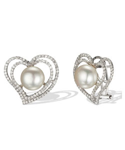 18k White Gold Pearl and Diamond Heart Earrings