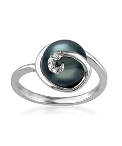 9-9.5mm Black Cultured Tahitian Pearl Swirl Ring with Diamond Accents in Sterling Silver