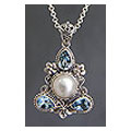 Cultured pearl and blue topaz floral necklace, 'Frangipani Trio' (Indonesia)