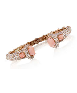 Pink Coral and 3.70 ct. t.w. Diamond Bangle Bracelet in 18kt Rose Gold