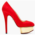 Charlotte Olympia Red Suede And Gold Dolly Pumps