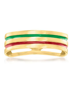 Italian Red and Green Enamel Striped Ring in 14kt Yellow Gold
