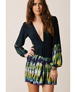 Bell Sleeve Twist Dress in Black Multi Tie Dye