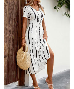 White Split Striped A Line Short Sleeve Dress