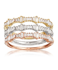 .20 ct. t.w. Baguette Diamond Ring Set of Three in 14kt Tri-Colored Gold