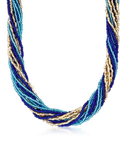 Italian Blue and Golden Murano Glass Bead Torsade Necklace with 18kt Gold Over Sterling