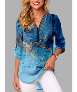 Quarter Zip Scape Print Blue Blouse