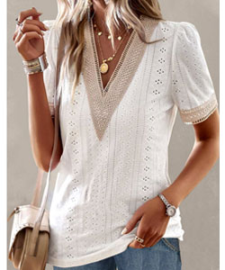 White Patchwork Short Sleeve V Neck T Shirt