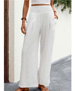 White Smocked Elastic Waist High Waisted Pants